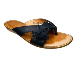 Born Thong Sandals Women Sz 8 Black Leather Floral Accent